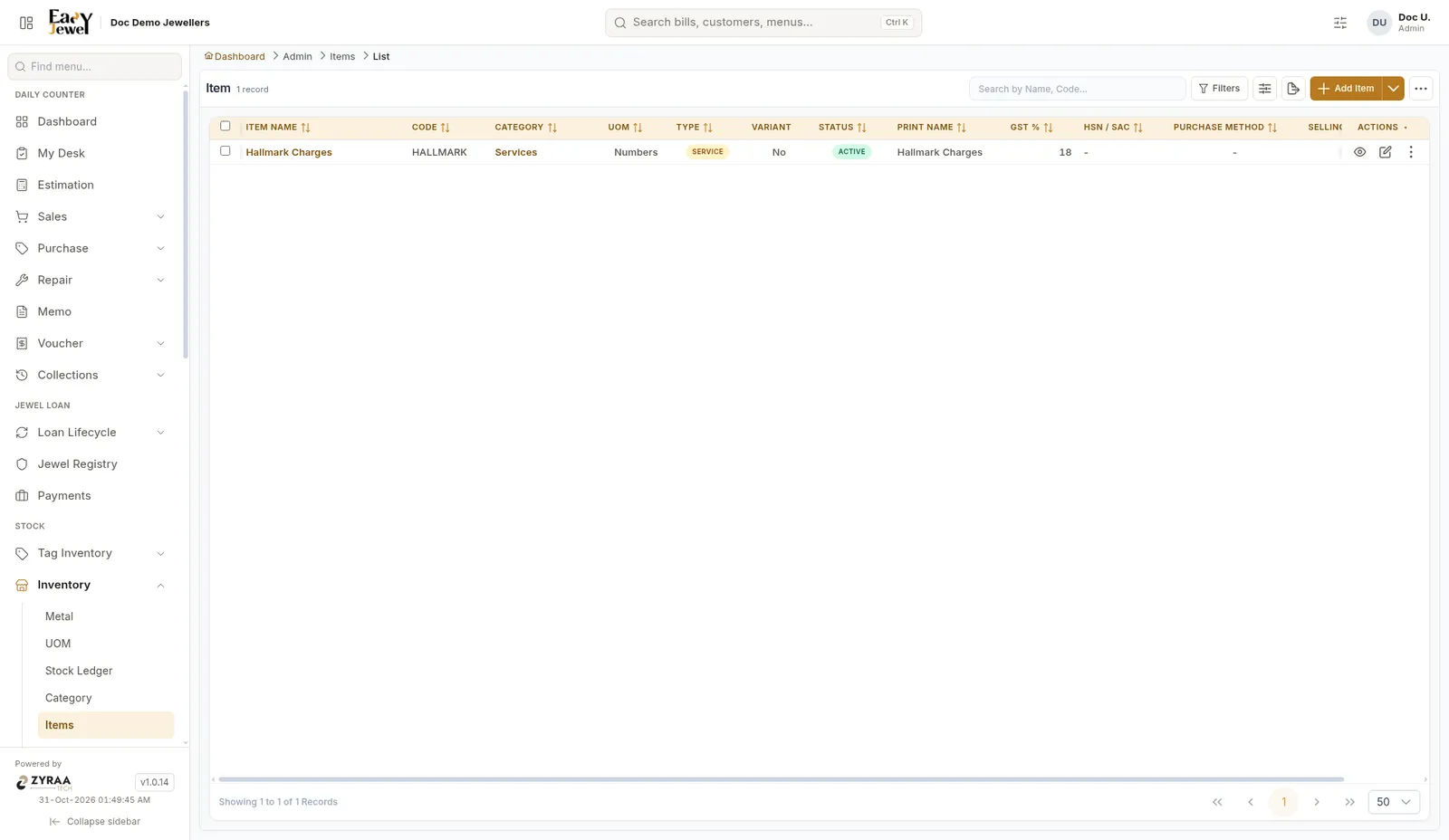 Items list