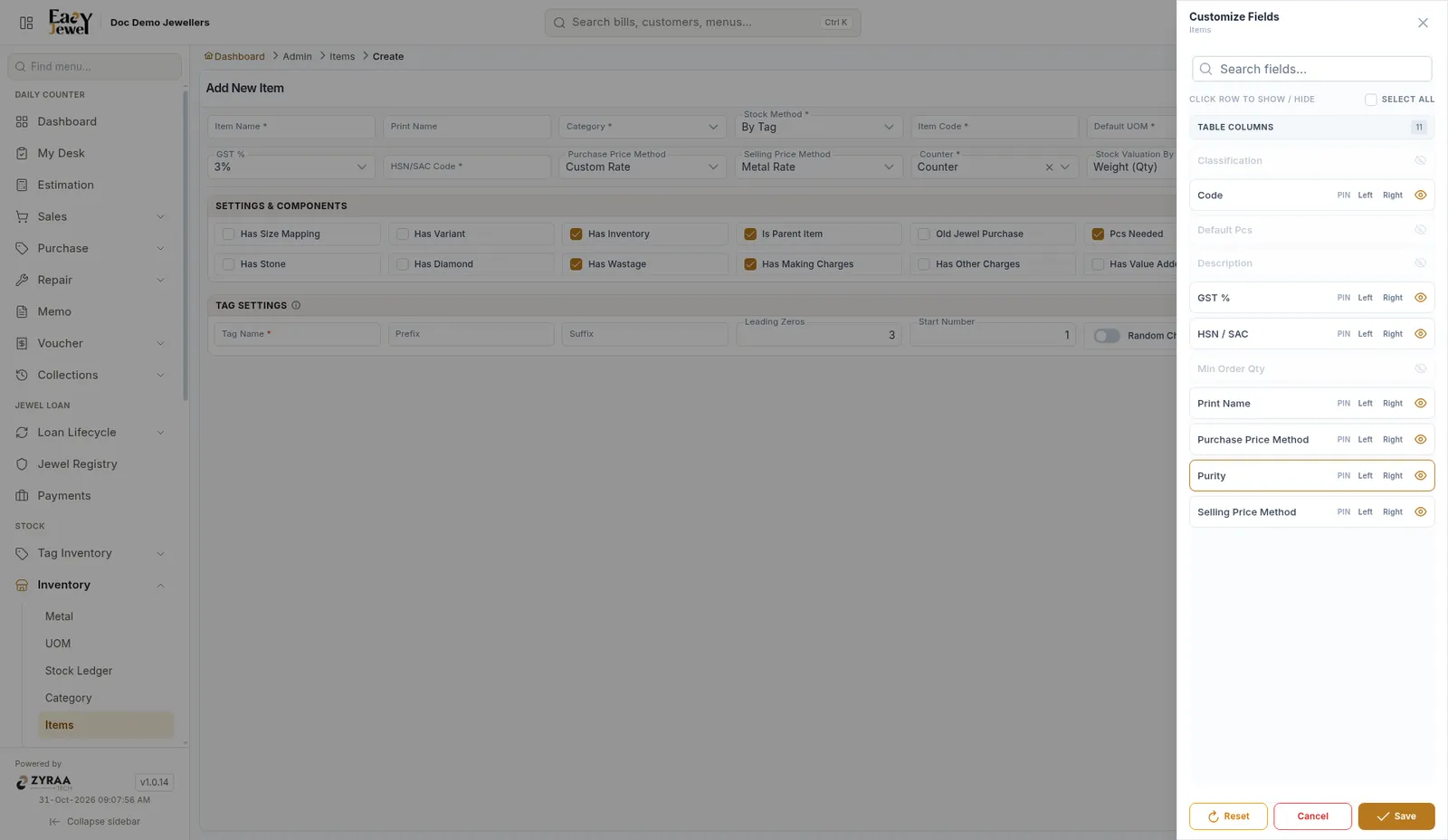 Customize Fields panel with Purity switched on