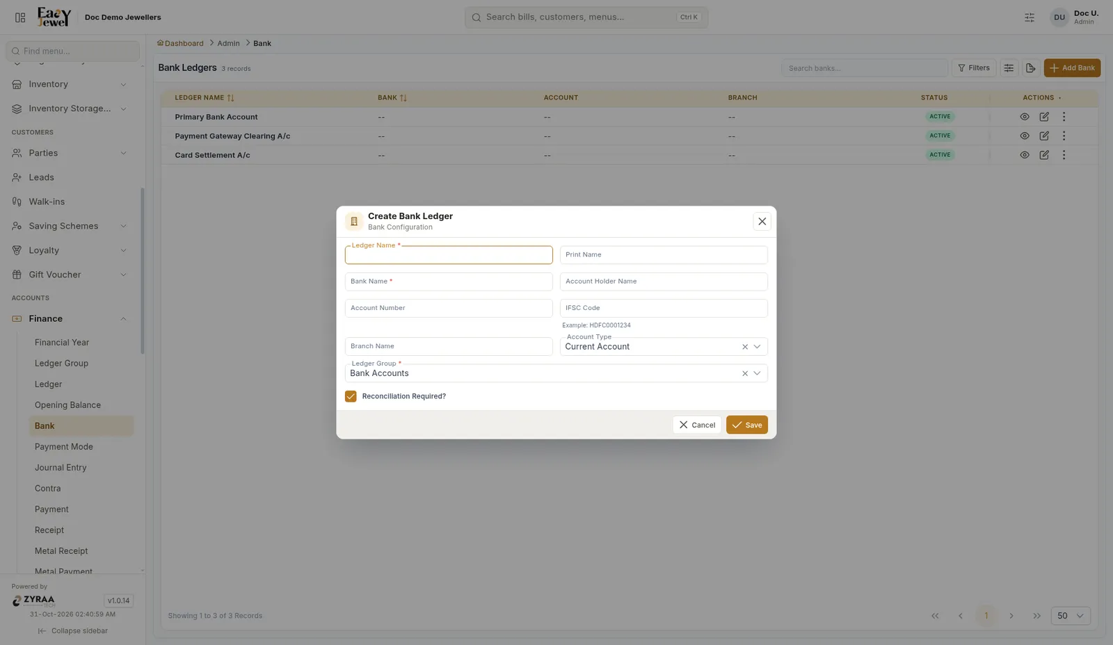 Create Bank Ledger