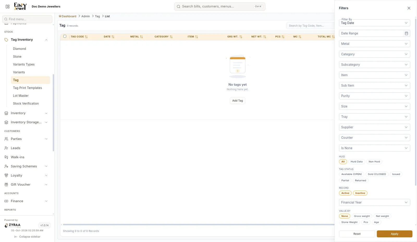Tag status filter