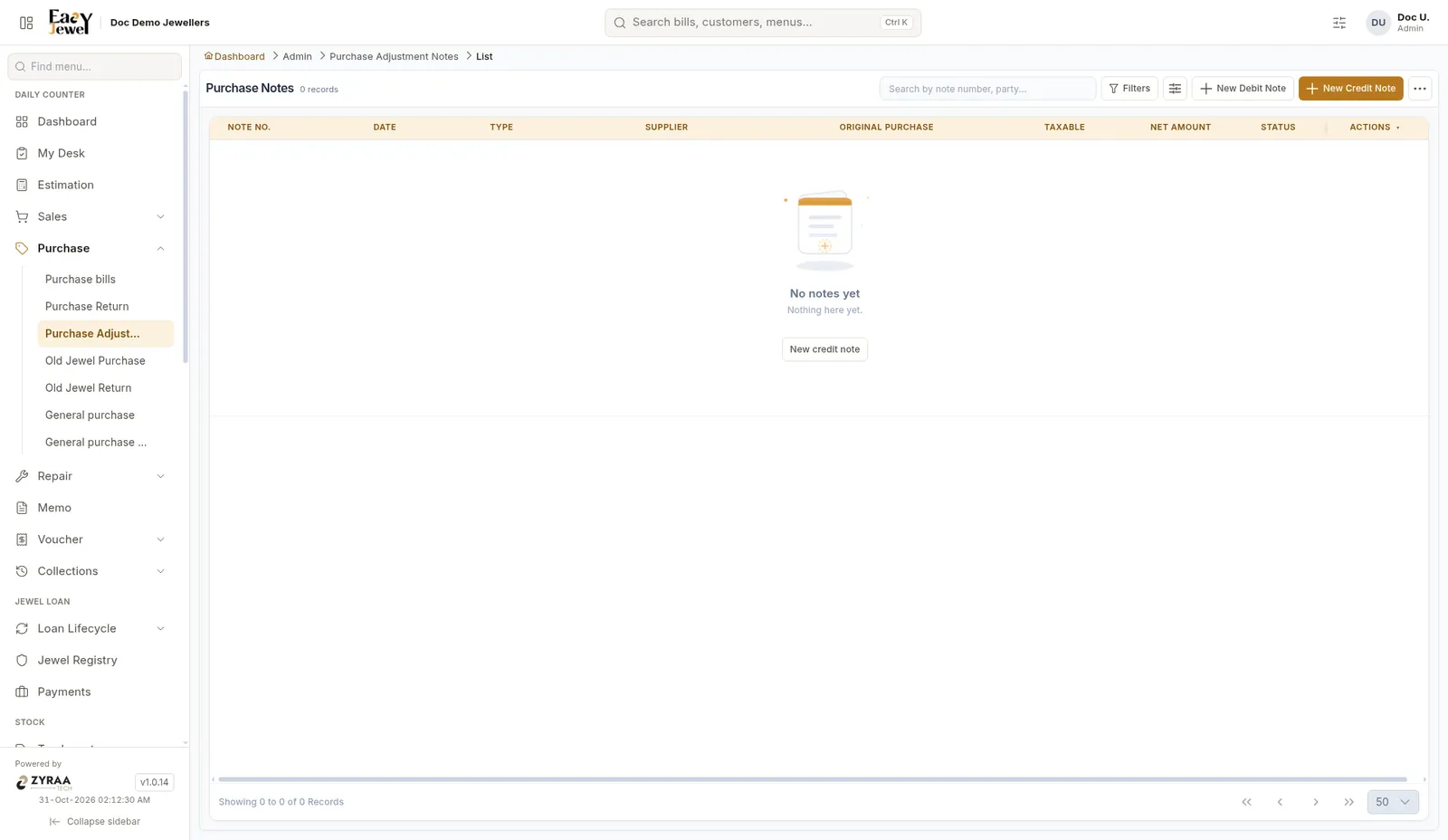 Purchase notes list