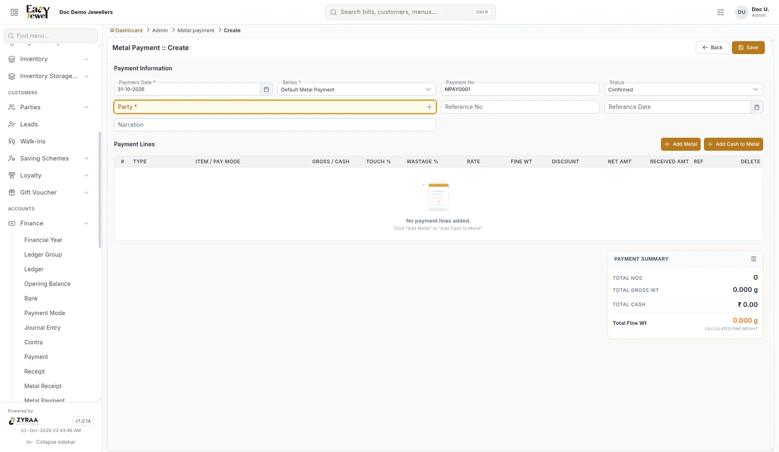 Metal Payment Create